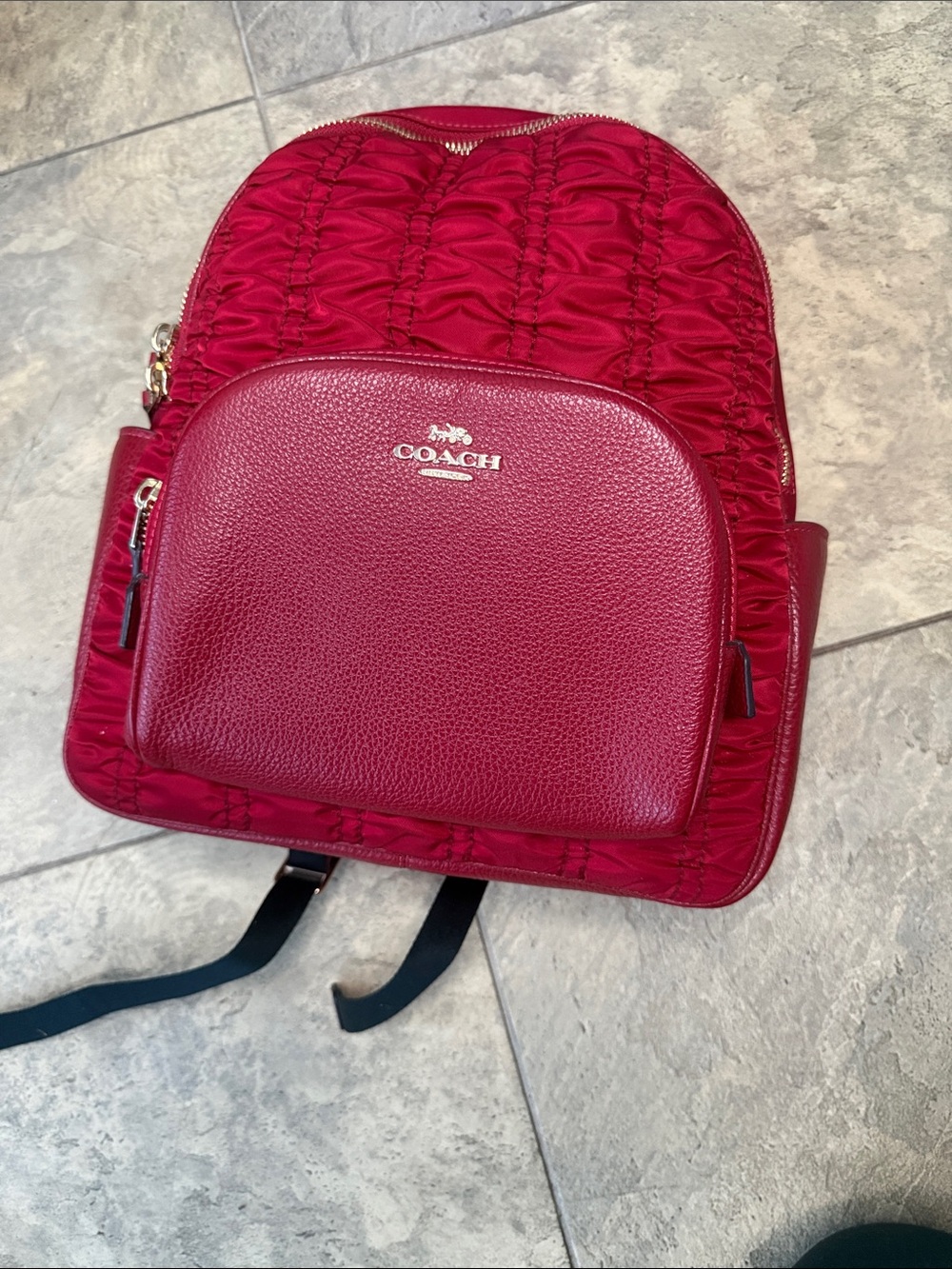 Coach Red Quilted Nylon Backpack with Pebbled Leather Pocket